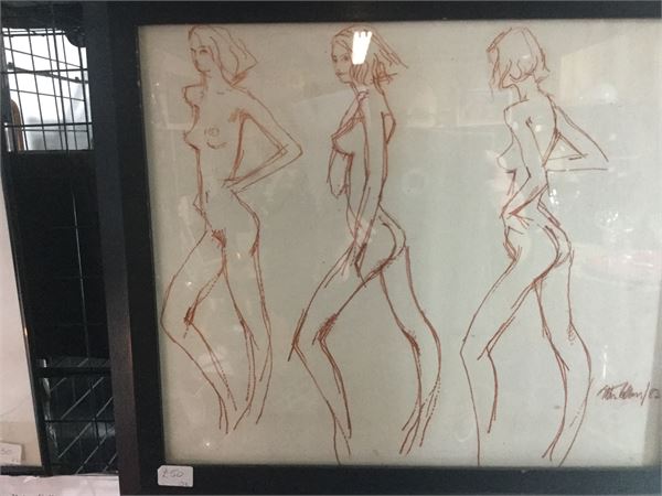 Original signed framed Peter Collins ARCA drawing Three Nudes 1983