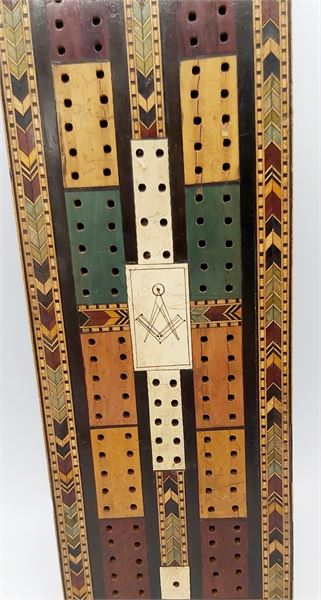 Victorian Masonic Inlaid Marquetry Cribbage Board In Tunbridge Ware Style c1890